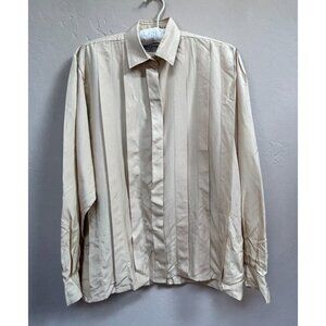 Vintage Ted Lapidus Paris Women Button Down Pleated Shirt Blouse Long Sleeve Tan